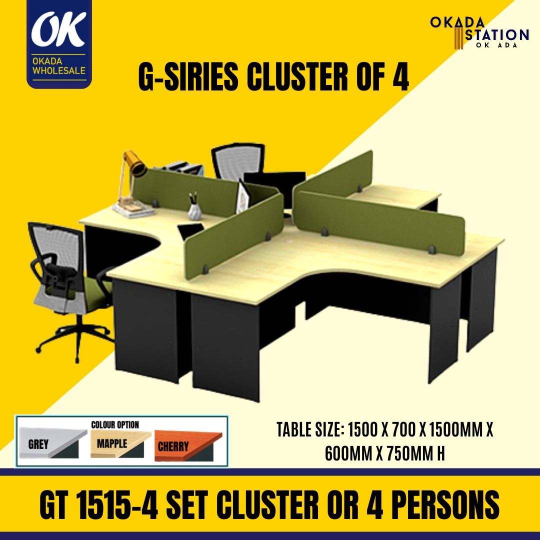 L Shape CLUSTER OF 4 -L SHAPE TABLE / G-SIRIES WORKSTATION WITH TABLE TOP PANEL / 5' X 5' TABLE / WORKSTATION / CLUSTER 0F 4 / 4 SEAT / TABLE TOP PANEL / OFFICE FURNITURE