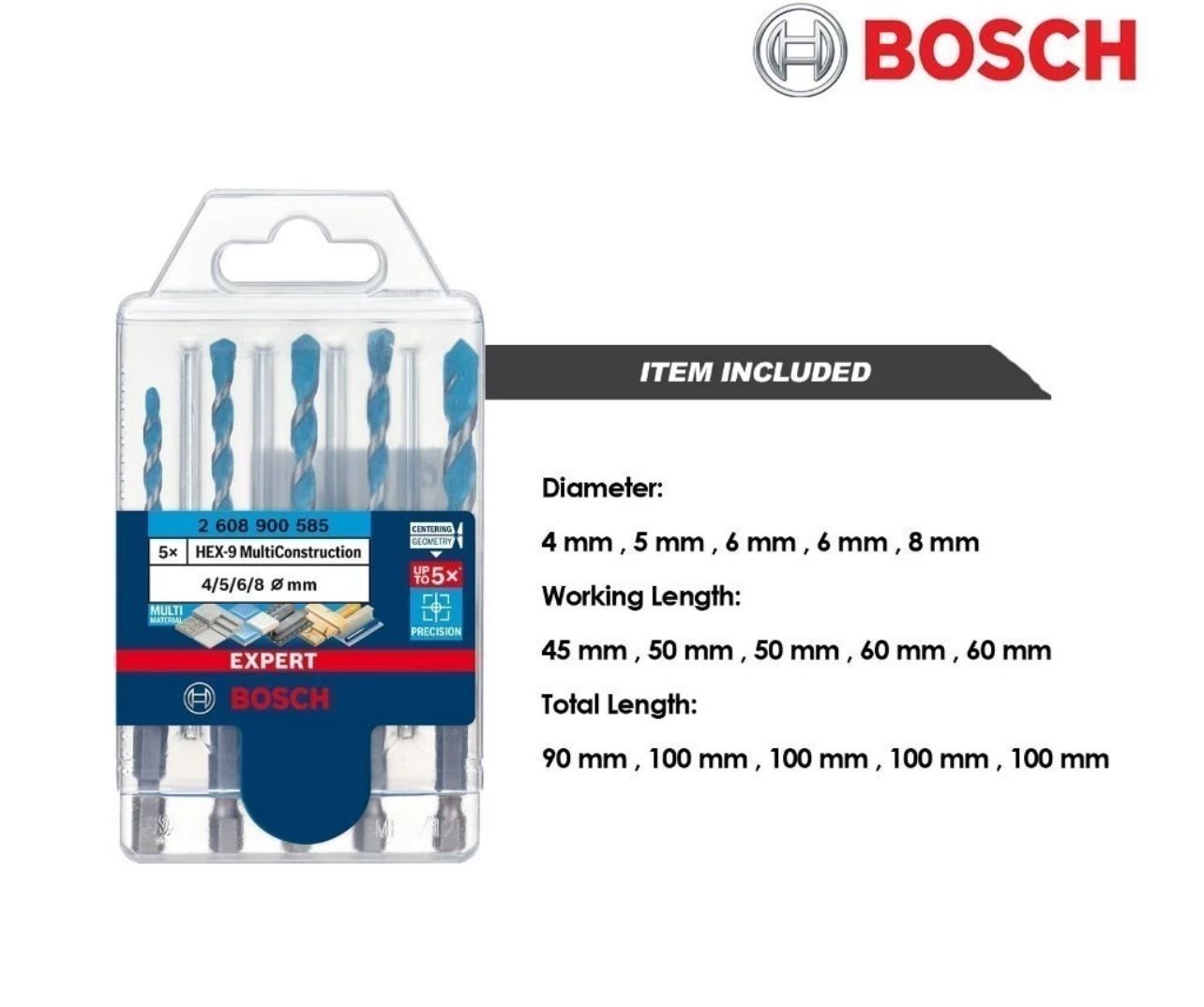 Bosch Hex-9 Multi Construction Drill Bit Compatible for cordless drills impact drives 1/4" toolholder