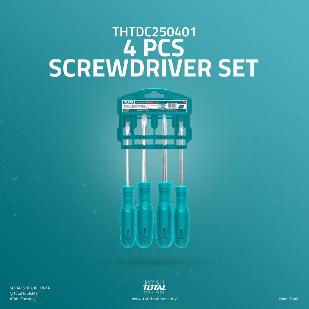 TOTAL SCREWDRIVER SET SLOTTED/FLAT SL5 + SL6 (2 PCS) + PHILLIPS PH1 + PH2 & CR-V STEEL (2 PCS) THTDC250401