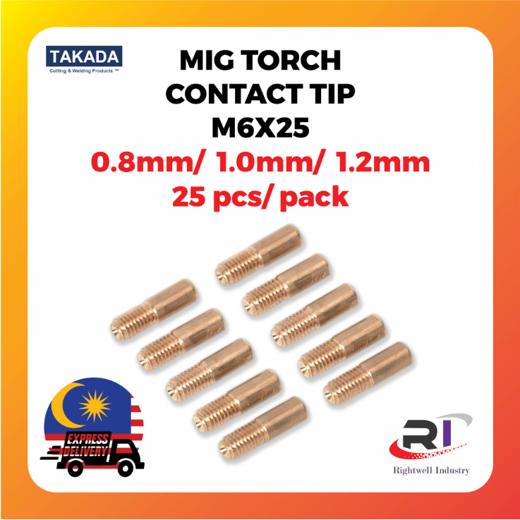 RIGHTWELL TAKADA MIG WELDING TORCH CONTACT TIPS 25PCS M6X25 (MB-15) [E-CU]