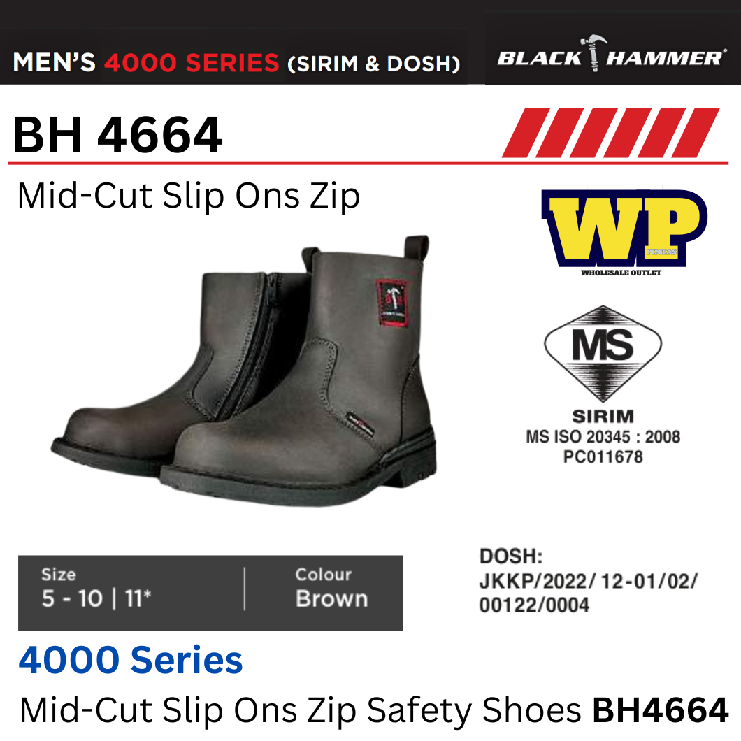 Black Hammer 4000 Series Mid-Cut Slip Ons Zip Safety Shoes (SIRIM & DOSH) - BH4664 / Black Hammer / Black Safe / Mid-Cut Slip Ons Zip / Safety Shoes / Safety Boots / Foot Protect / Kasut Kilang / Kasut Keselamatan / BH4664