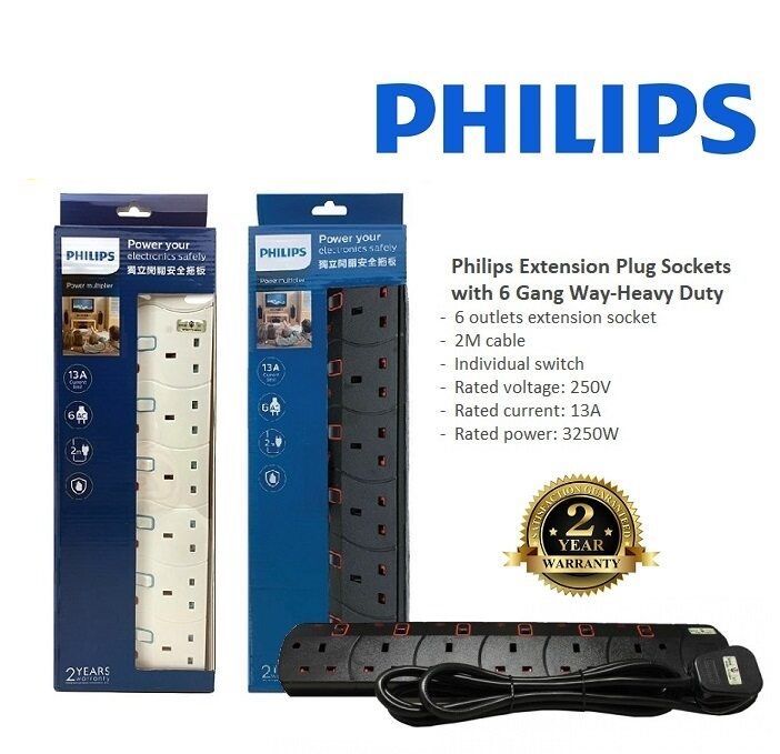 Philips 6 Gang Socket Individual Switch Extension Socket 2 Meter (Black/White) Heavy Duty