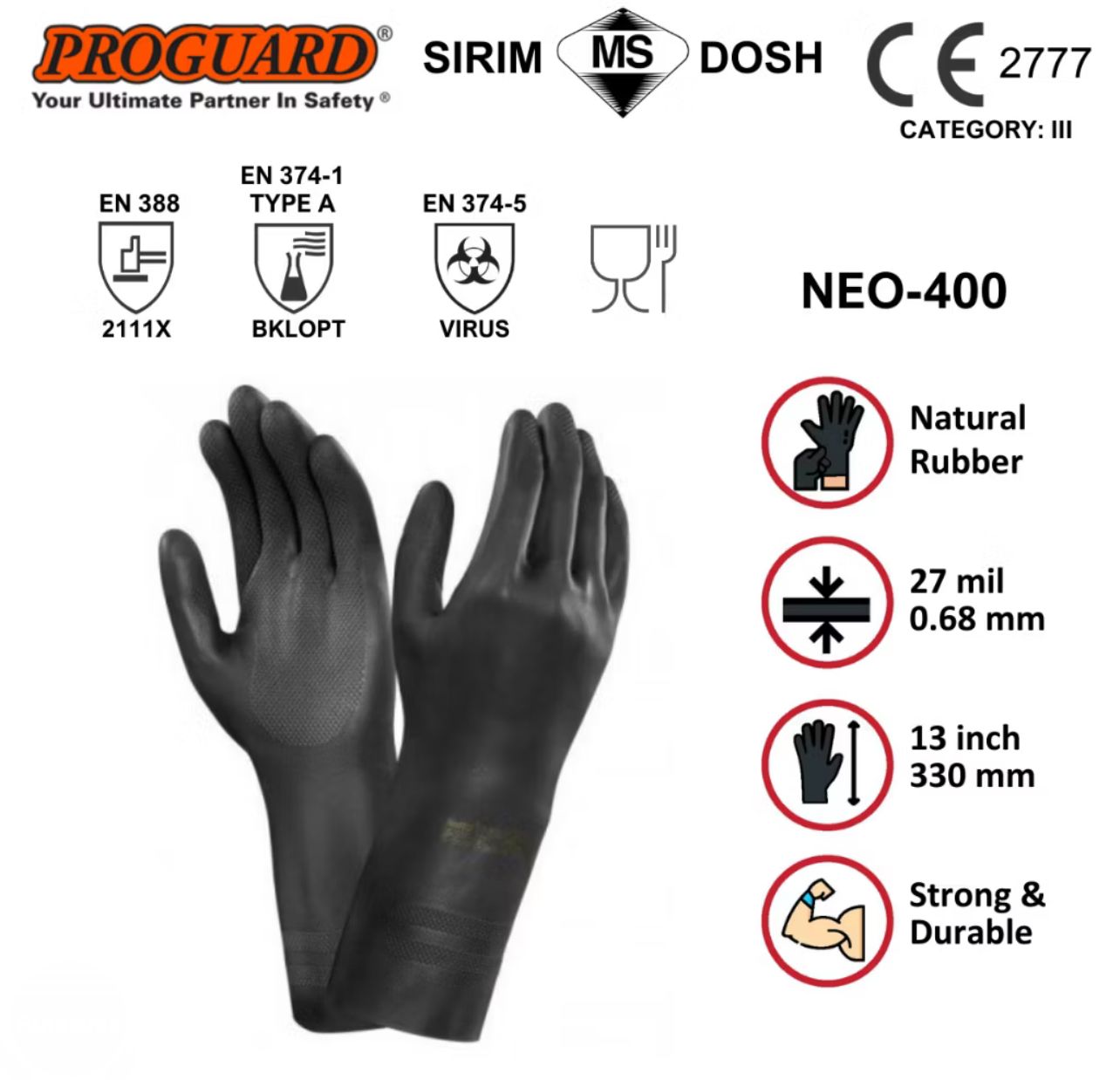 Proguard Rubberex 13" NEO-400 Heavy Duty Reusable Neoprene Lining Rubber Glove Chemical Solvent Oil Acid SIRIM DOSH PROGUARD