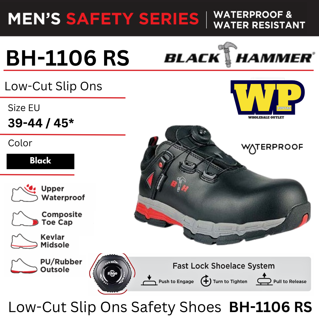BLACK HAMMER PRO SERIES LOW-CUT WITH FASTLOCK SAFETY SHOES - (BH-1106 RS) / BLACK HAMMER / BLACK SAFE / LOW-CUT SLIP ONS / SAFETY SHOES / SAFETY BOOTS / FOOT PROTECT / WATERPROOF / KALIS AIR / KASUT KILANG / KASUT KESELAMATAN / BH-11106 RS