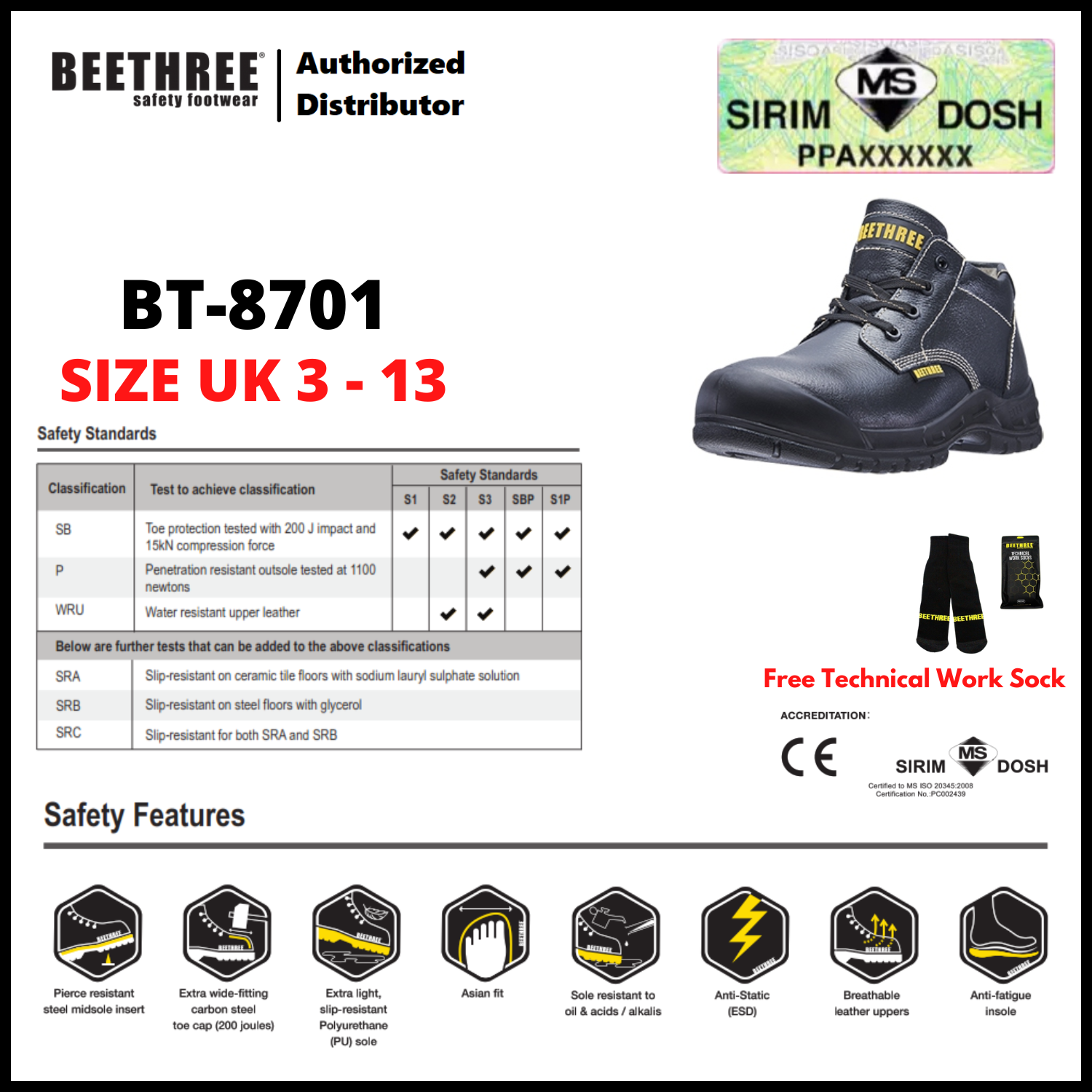 BEETHREE SAFETY FOOTWEAR BT-8701 5.5-inch Leather Laced Shoes