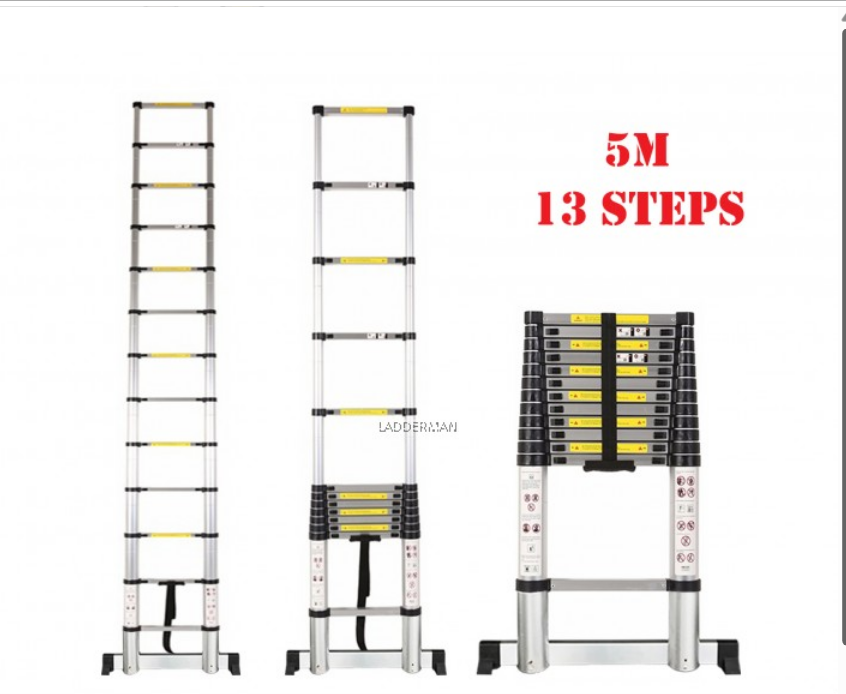 HIGH QUALITY ALUMINIUM TELESCOPIC EXTENDABLE LADDER 5M WITH 13 STEPS