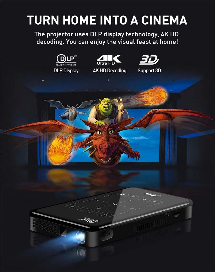 YJMOYE Mini Pico Projector Digital Portable 4K 1080P
