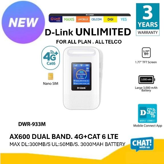 D-Link 4G+ LTE Cat 6 AX600 Portable Wireless Wifi Modem MiFi Router Direct Sim DWR-933M