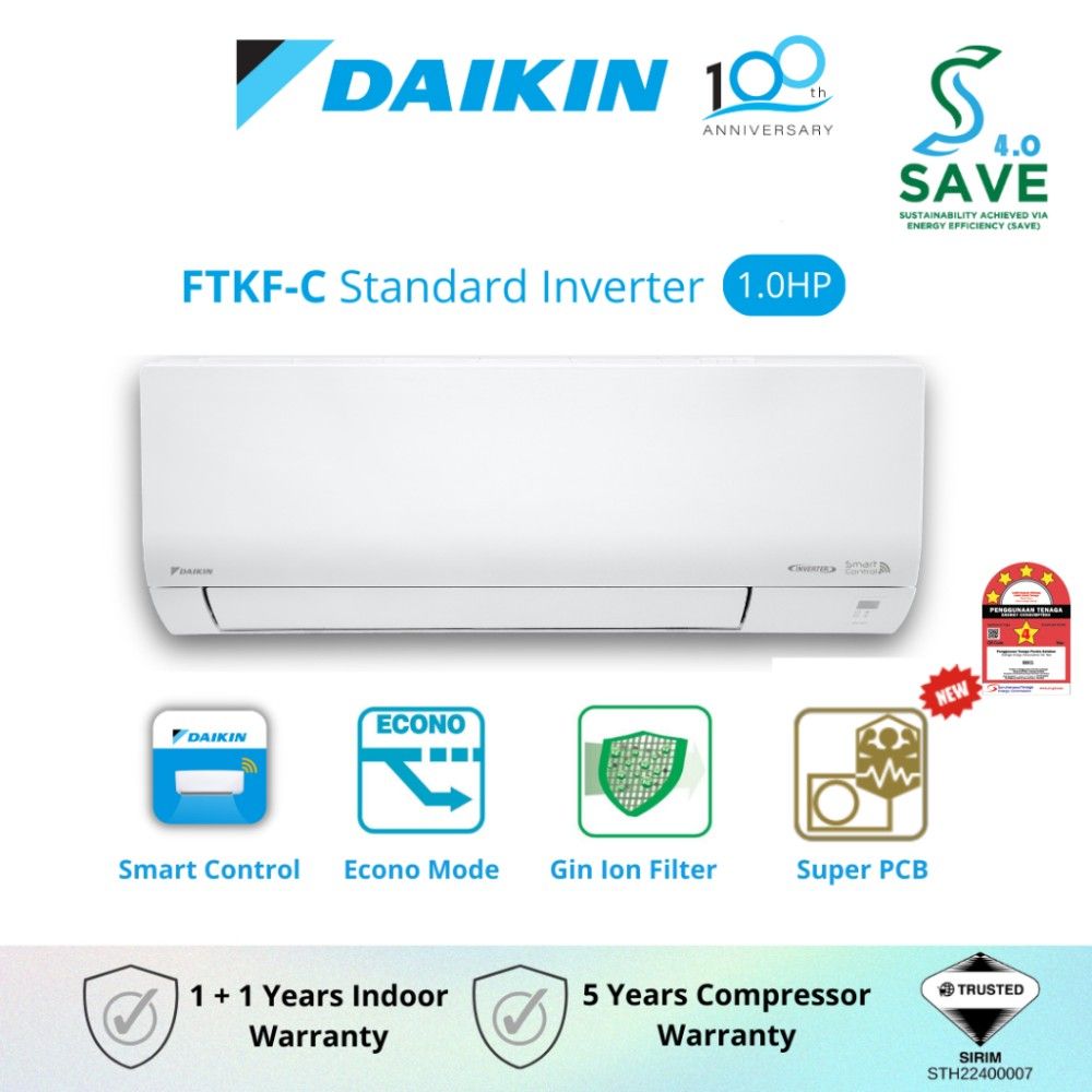 DAIKIN Standard Inverter Air Conditioner FTKF R32 (1.0HP) FTKF25C/RKF25C-3WMY-LF | Built In WiFi