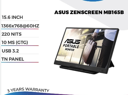 ASUS 16" ASUS ZENSCREEN MB165B / 15.6" TN PANEL / 1366x768@60HZ HD / 220NITS / 10MS(GTG) / USB3.2 / 3 YEARS WARRANTY