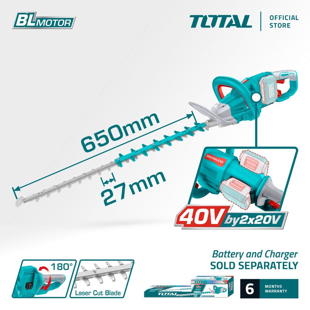 TOTAL LI-ION HEDGE TRIMMER (20V+20V) WITH BRUSHLESS MOTOR & TWIST HANDLE (BLADE 650MM/TEETH GAP 27MM) P20S THTLI40028