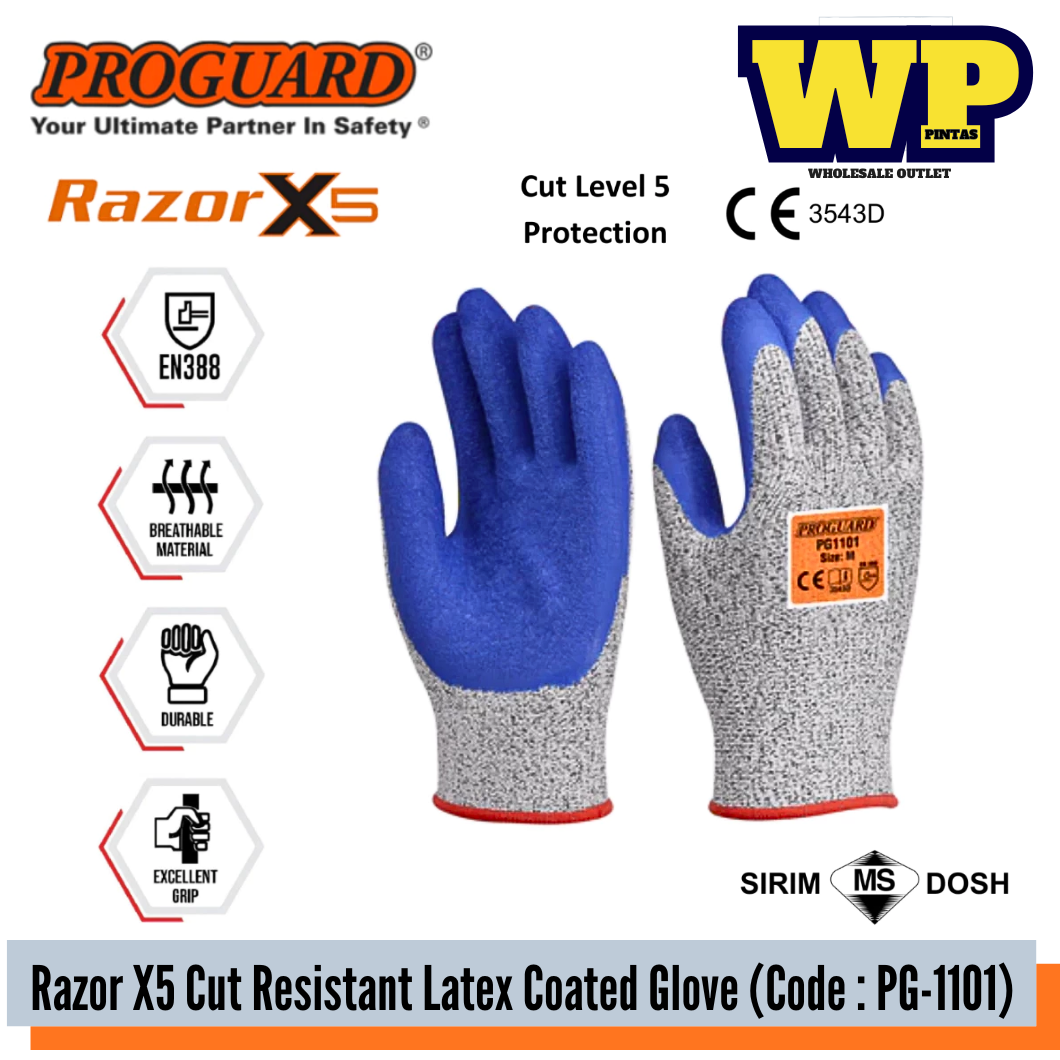 PROGUARD - RAZOR X5 ANTI-SLIP BREATHABLE LATEX COATED GLOVE(SIRIM & DOSH) -ALL SIZE / GENERAL GLOVES / CUT RESISTANT GLOVE / LATEX COATED GLOVE / CONSTRUCTION GLOVE / HAND PROTECTION / GLOVE / PG-1101