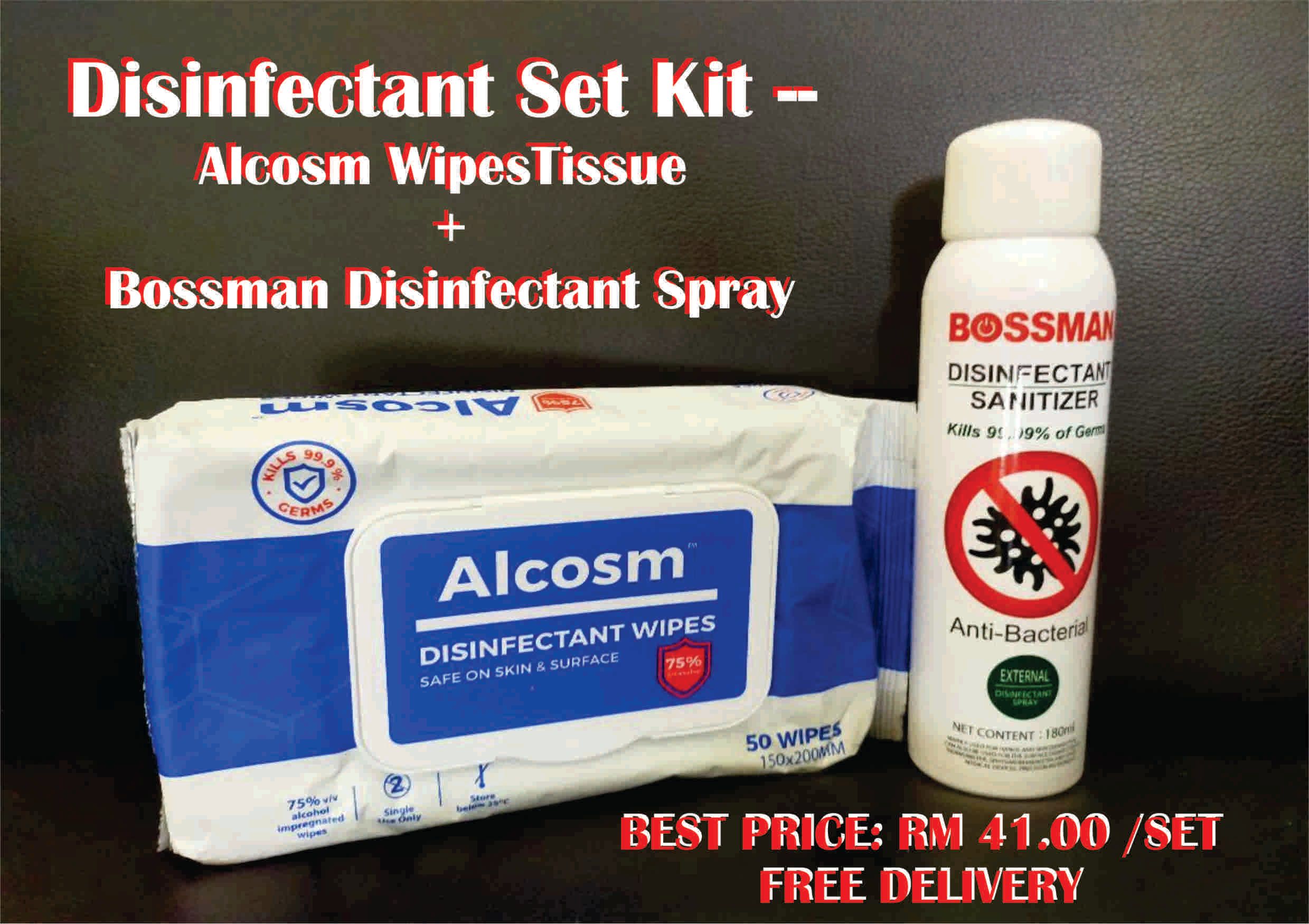 ALCOSM & BOSSMAN (180ML) OCHA DISINFECTANT WIPES TISSUE & DISINFECTANT SPRAY SET KIT -ALCOHOL 75 %- FREE DELIVERY CHARGE PENINSULAR MALAYSIA ONLY