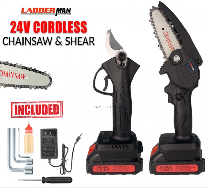 LADDERMAN 24V ELECTRIC MINI CORDLESS CHAINSAW 4" AND SHEAR PORTABLE CHAIN SAW BATTERY WOOD CUTTER PRUNING SHEAR CUTTER