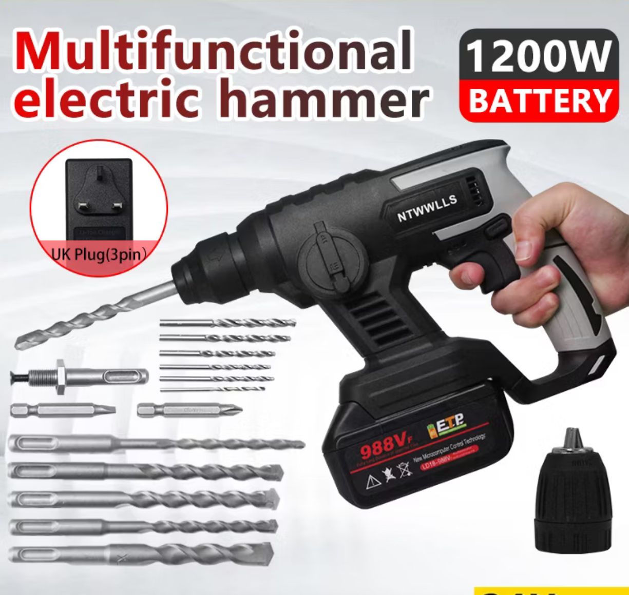 NTWWLLS Cordles Electric Hammer Drill Rotary Hammer Drill Power Drill Batteri Gerudi Tukul Putar Peralatan Concrete 1200W
