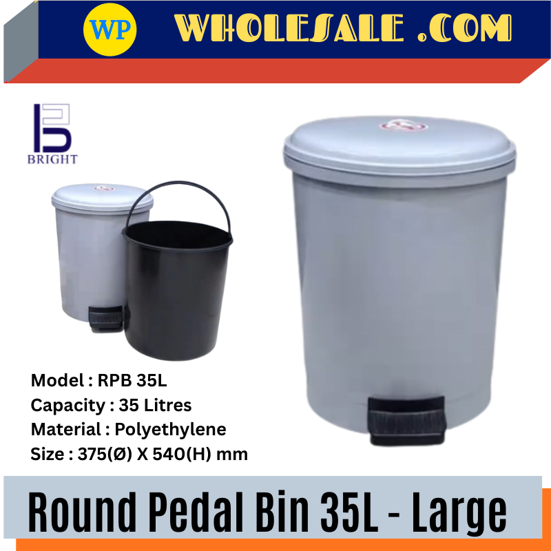 BRIGHT ROUND PEDAL BIN 35L - LARGE / ROUND PEDAL DUSTBIN / ROUND FOOT-OPERATED TRASH CAN / PEDAL BIN / STEP-ON BIN / TRASH CAN / GABAGE BIN / DUSTBIN CAN / TONG SAMPAH PEDAL / TONG SAMPAH / 35 LITRES / RPB 35L