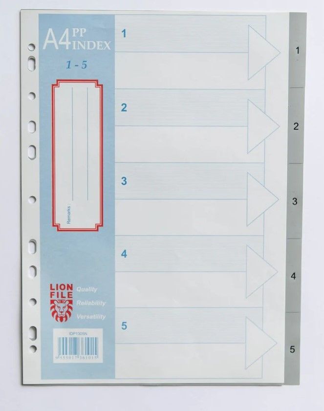 LIONFILE A4 5 TAB INDEX DIVIDERS 0.13MM PP NUMBERED