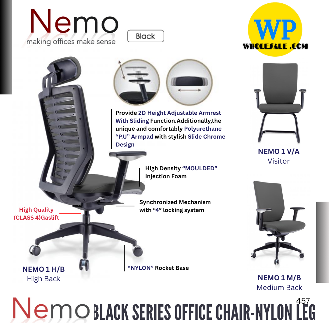 CLASSIC CHAIR NEMO 1 ERGONOMIC OFFICE CHAIR - ALL SIZE / BLACK SERIES / OFFICE CONFERENCE CHAIR / OFFICE SWIVEL CHAIR / ERGONOMIC CHAIR / EXECUTIVE CHAIR / DIRECTOR CHAIR / OFFICE CHAIR / NYLON BASE / FABRIC / PU LEATHER / NEMO 1