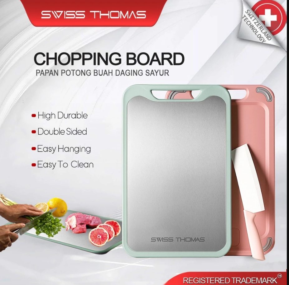 OK SwissThomas Papan Memotong Doublesided Cutting Board StainlessSteel Multifunctional Cut Vegetable Meat Chopping Boards