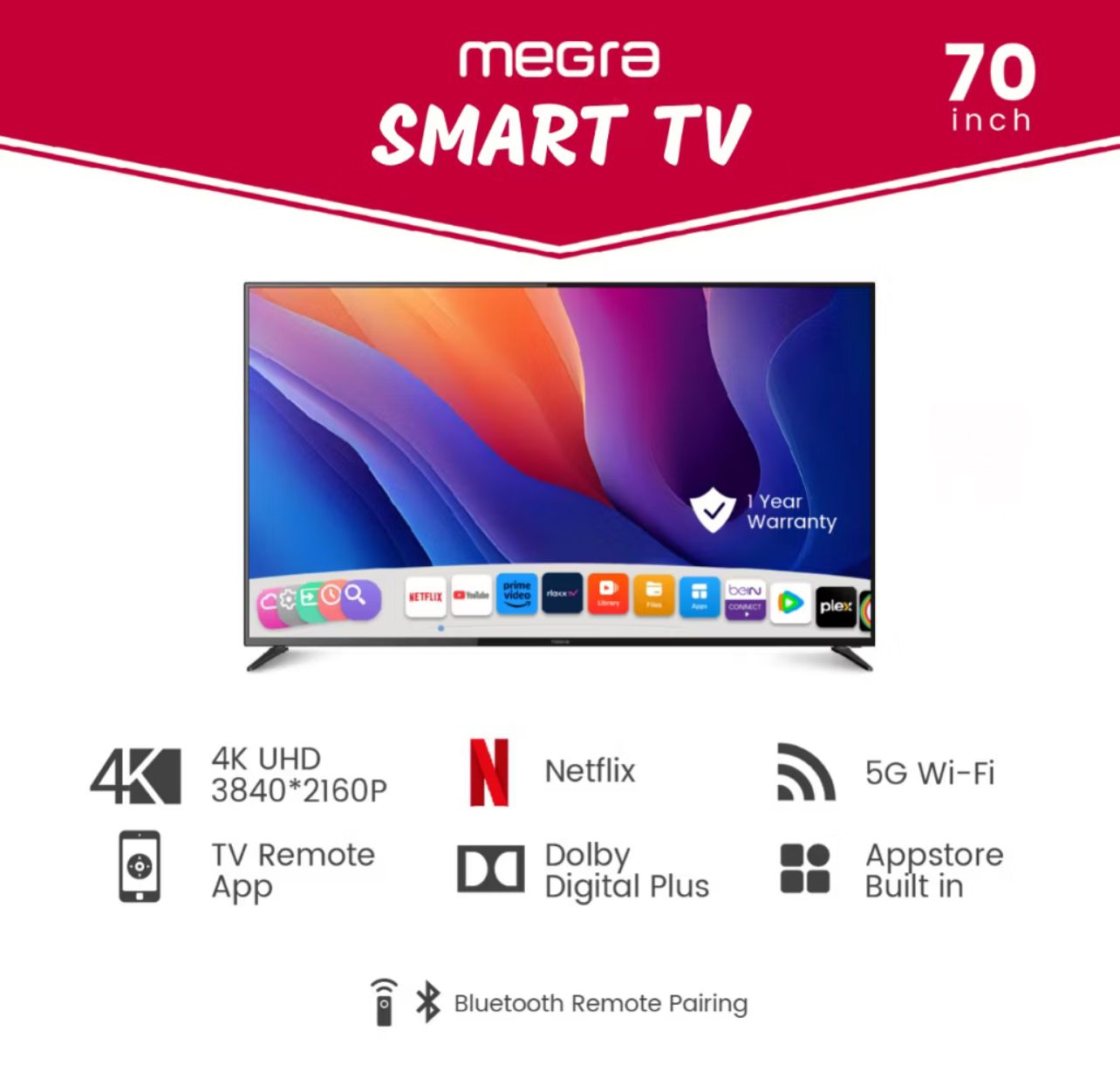 Megra TV 70 Inch Smart TV 4K UHD Netflix Certified TV Smart Television Android System LED TV 70