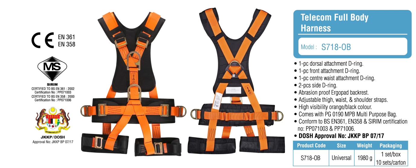 PROGUARD TELECOM FULL BODY HARNESS (S718-OB) - DOSH & SIRIM APPROVAL