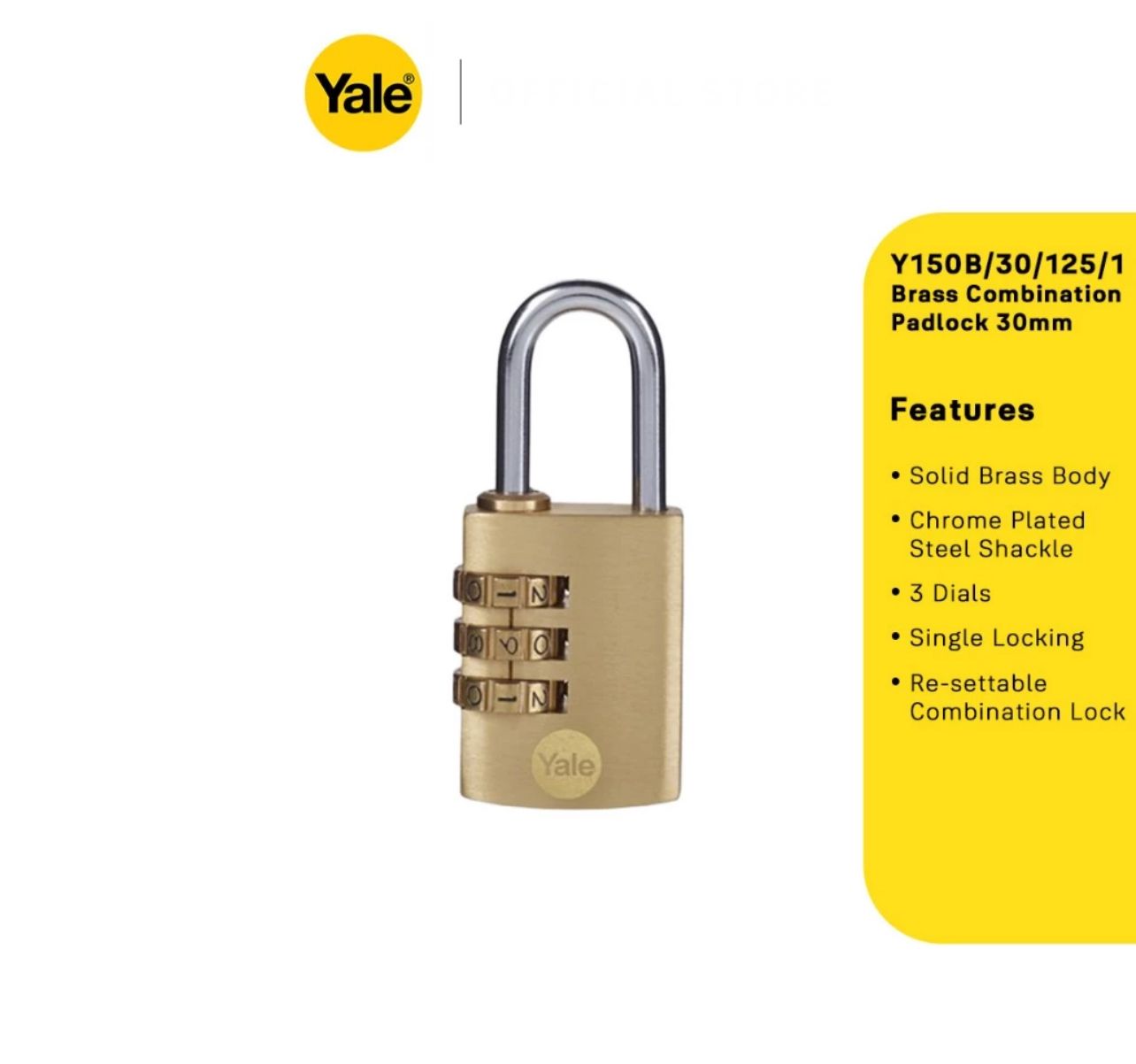 Yale Y150B 30mm Outdoor Brass Combination Padlock with Chrome Steel Y150B/30/125/1 - 1 pc Pack