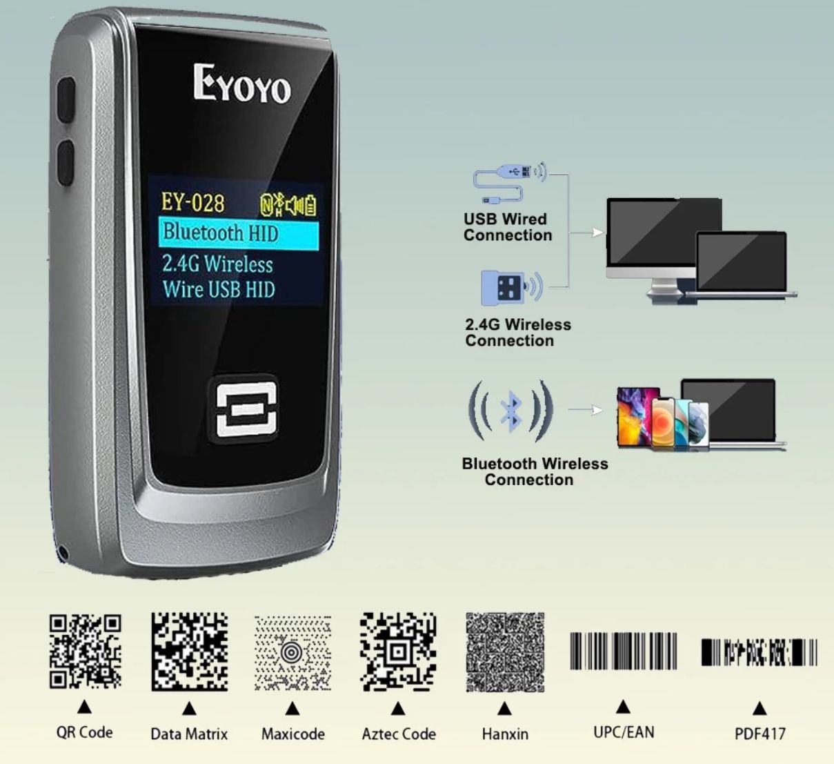 Eyoyo QR Code Barcode Scanner with LCD Display, Mini Portable Bluetooth Barcode Scanner, Wireless 1D 2D Book Bar Code Scanner