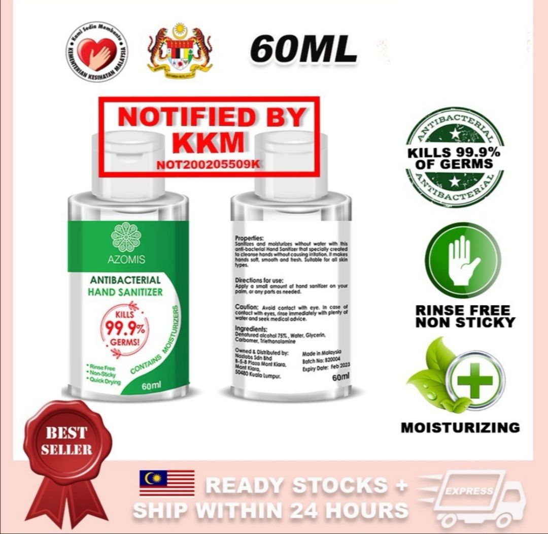 Azomis Anti Bacterial Hand Sanitizer Gel Sanitiser 60ml 75% Alcohol KKM Notified Coronavirus