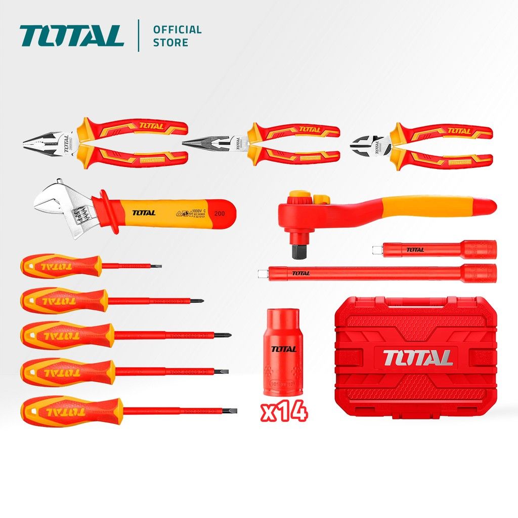 TOTAL INSULATED HAND TOOLS SET WITH PLIERS RATCHET WRENCH SCREWDRIVER & HEX SOCKET (1000V/26 PCS) THKITH2601 (VDE Approved Certifications)