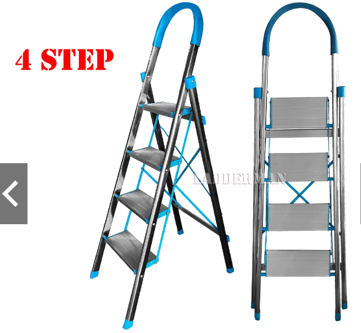 LADDERMAN 4 STEP STAINLESS STEEL ALUMINIUM PEDAL FOLDABLE STOOL LADDER WITH SOFT HAND GRIP [SSA04]