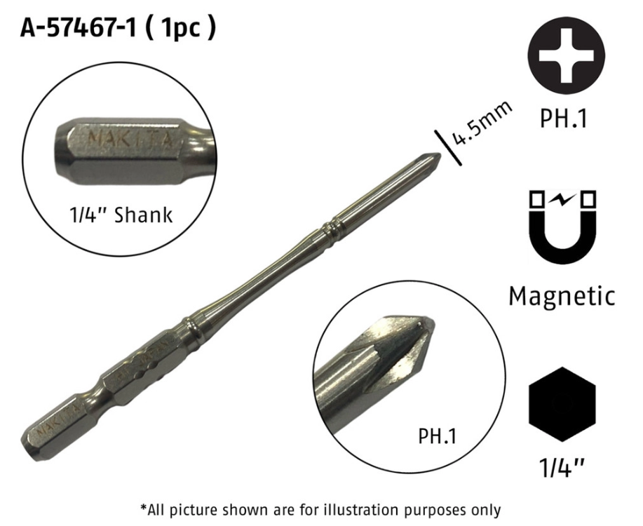 MAKITA A-57467 PH.1 X 100MM SILVER TORSION SCREW BIT SLIM ( NZ-B ) 1/4" HEX SHANK