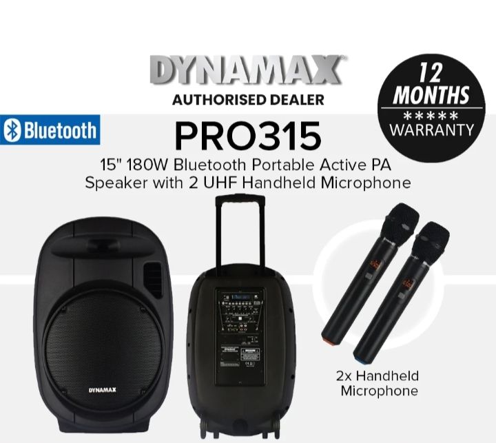 Dynamax PRO315 15" 180W Bluetooth Portable Active PA Speaker System with 2 UHF Handheld Microphone Ocha Dynamax PRO315 15" 180W Bluetooth Portable Active PA Speaker System with 2 UHF Handheld Microphone