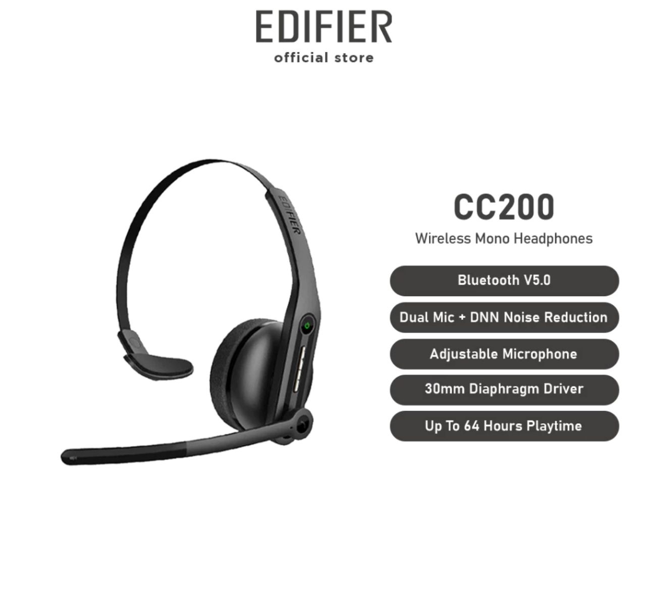 Edifier CC200 Wireless Mono Headset - Bluetooth V5.0 | Dual Mic | 64 Hours Battery Life | Lightweight Design | Mute Func