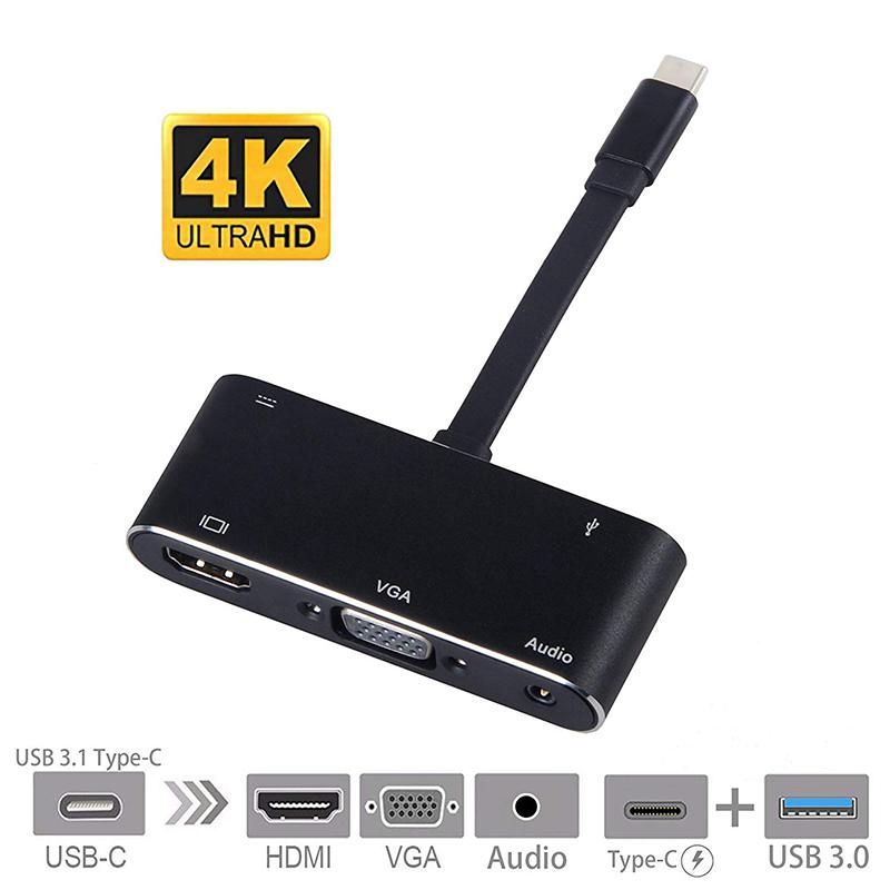 QS 5 in 1 USB C Hub Type C to HDMI/VGA/Audio/USB 3.0 Port+PD Converter