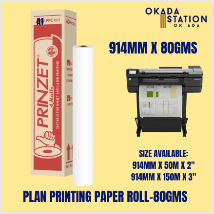 PRINTZET 80GMS PLAN PRINTING ROLL 914MM / PLOTTER PAPER ROLL / PRINTING PAPER