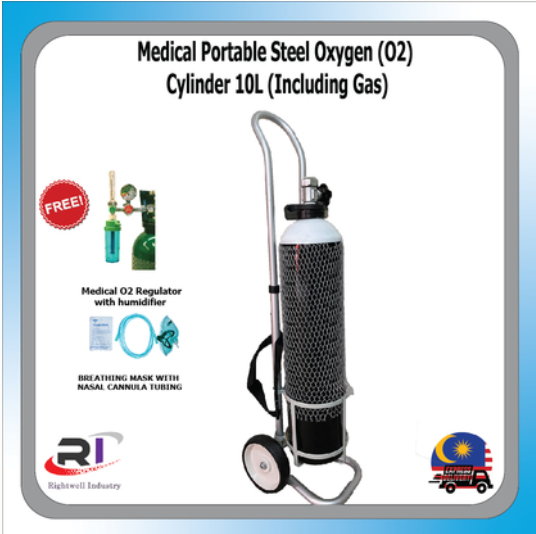 RIGHTWELL PORTABLE MEDICAL GRADE OXYGEN STEEL CYLINDER (10L) - FREE OXYGEN REGULATOR & HUMIDIFIER, BREATHING MASK WITH NASAL CANNULA TUBING & CYLINDER TROLLEY