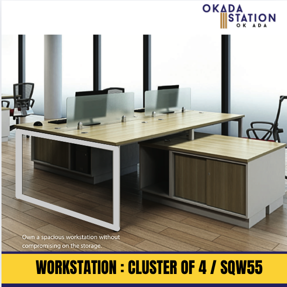 VS WORKSTATION / CLUSTER OF 4 / MODEL : SQW 55 / TABLE : 1500MM / WITH SIDE CABINET / TABLE TOP PANEL : GLASS