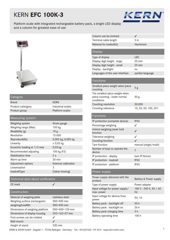 Kern **Kern Platform Scales EFC 100K-3 150kg Weight Capacity Multi Platform Scales EFC 100K-3 150kg Weight Capacity Multi
