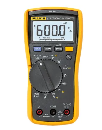 Fluke 117 Handheld Digital Multimeter, True RMS, 10A ac Max, 10A dc Max, 600V ac Max