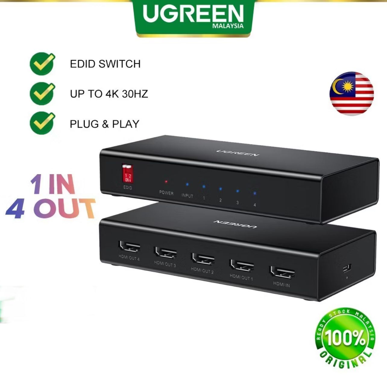 Ugreen HDMI SPLITTER 1 IN 4 OUT HDMI 2.0 18 Gbps Mirror Screen Support EDID HDCP 3D HDR Apple TV Xbox Switch Projector