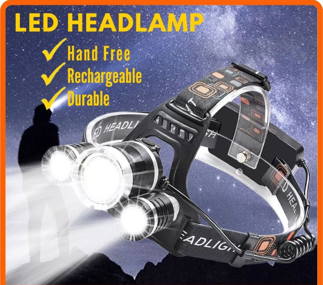 NA Brightest Head Lamp LED Headlight Rechargeable Waterproof Flashlight 4 Modes Headlamp