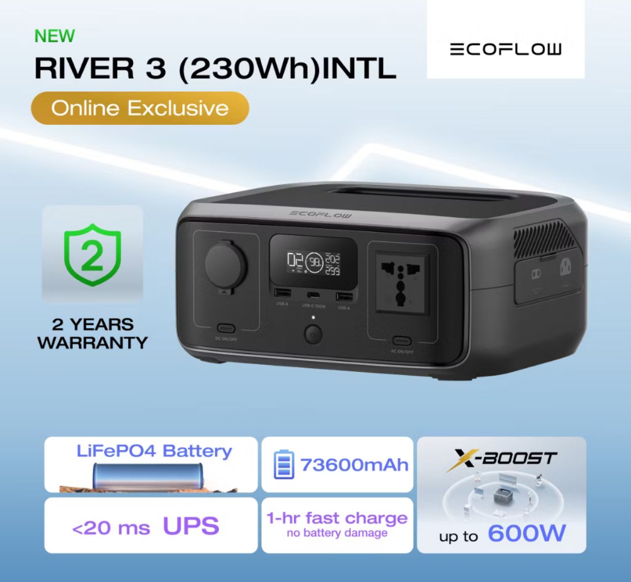 EcoFlow Portable Power Station RIVER 3, 230Wh LiFePO4 Battery Power Station, 300W Up to 600W AC Output, <20 MS UPS & <30 dB, 1Hr Fast Charging Solar Generator for Outdoor/Camping/Home Us