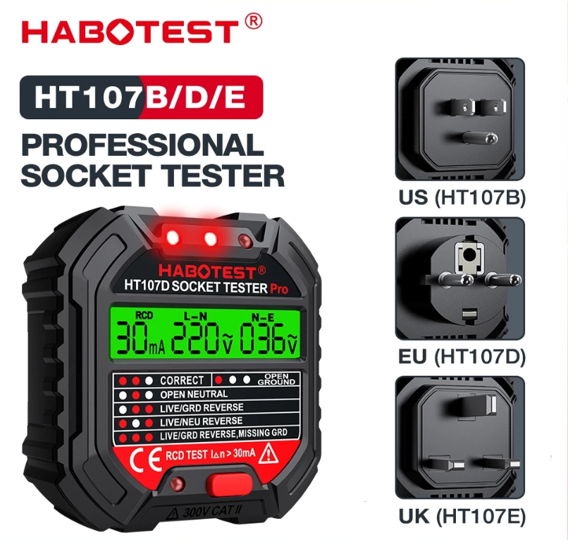 HABOTEST HT107E SOCKET TESTER 48V-250V (UK PLUG)