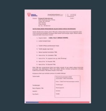 Borang Notis Makluman Pengorekan Jalan Atas Kertas Pink Bersama Logo TNB & Alamat TNB