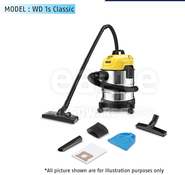 KARCHER WD 1S CLASSIC 1300W 18 LITRES STAINLESS STEEL HOME MULTIPURPOSE VACUUM CLEANER