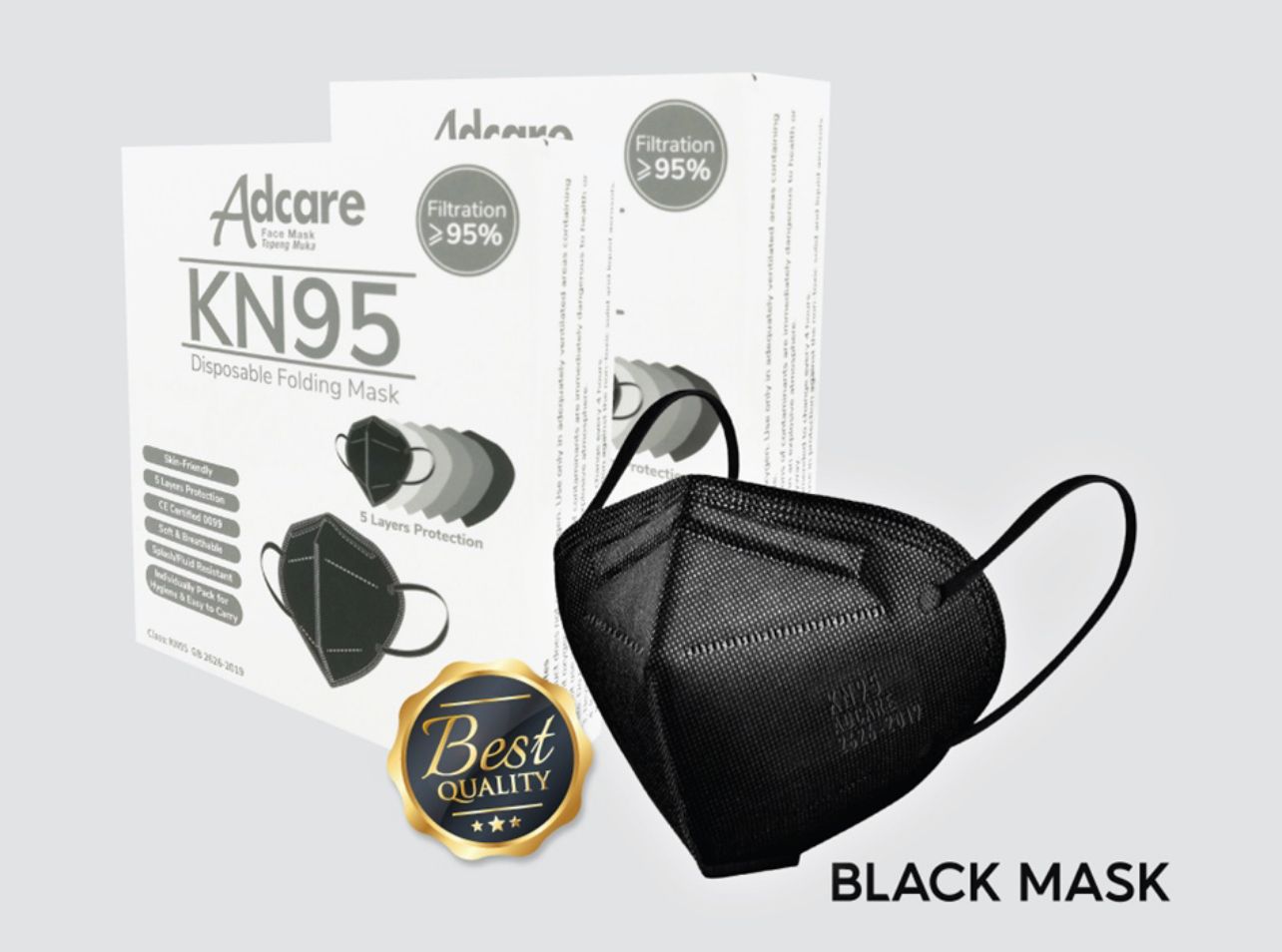Adcare KN95 Black Mask 5 layer Individual Packaging 10pcs