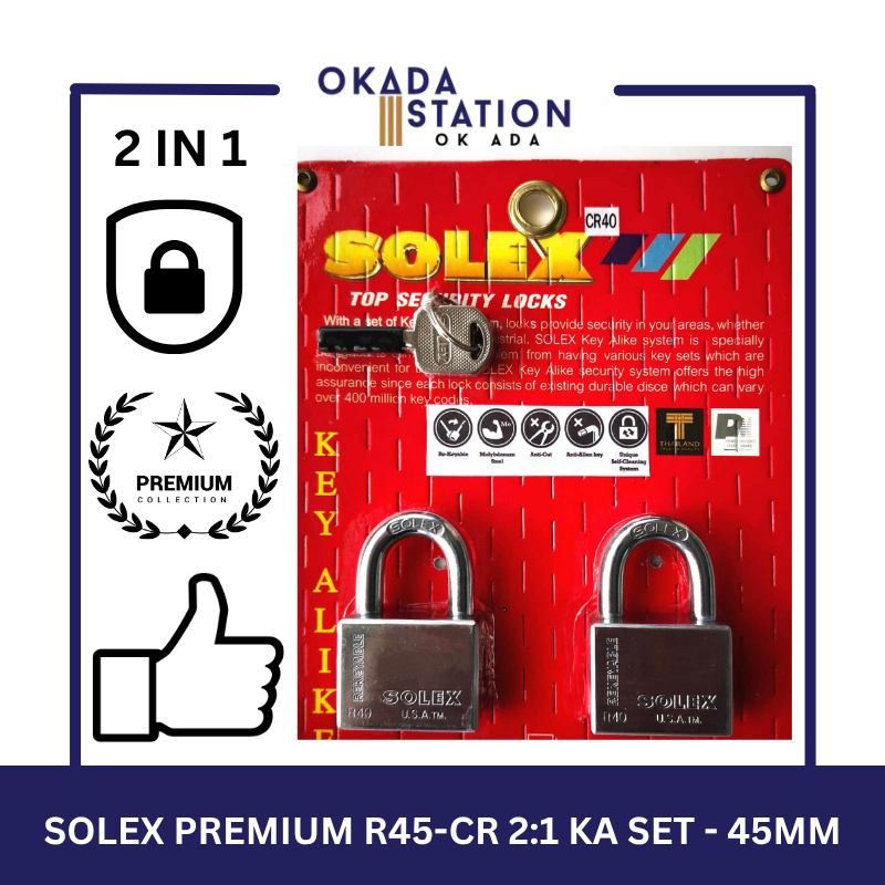 SOLEX PADLOCKS / SIZE 45MM / R45-CR 2:1 KA SET / KEY-ALIKE / MASTER KEY /SYSTEM PADLOCKS / 100% ORIGINAL / PREMIUM TOP SECURITY / KUNCI - 45MM