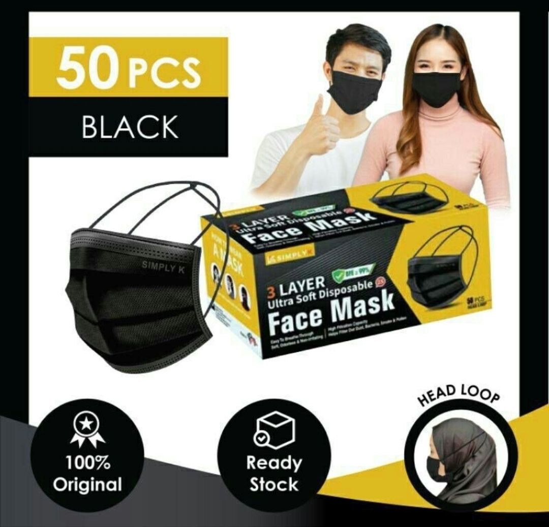 Simply K Face Mask Headloop & Earloop Full Black Earloop