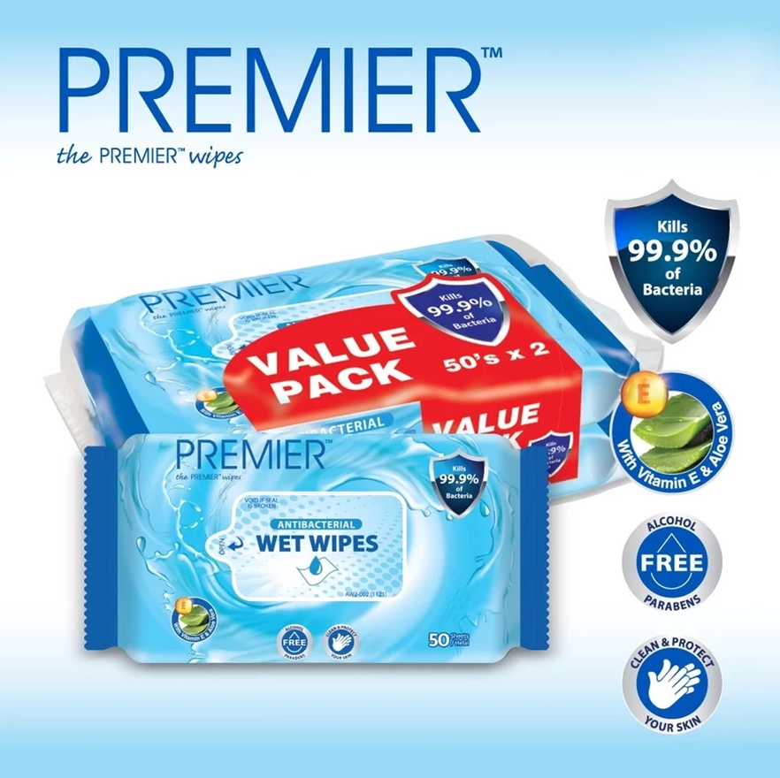 BBD Premier Antibacterial Wet Wipes Tissue 2in1 (50's x 2 Packets) Tisu Basah L221