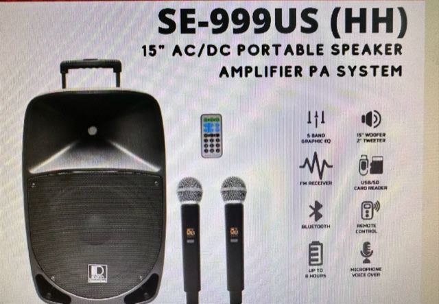 Denn SE-999US (HH) 15" AC/DC Portable PA System with 2 UHF Wireless Handheld Mic SE999